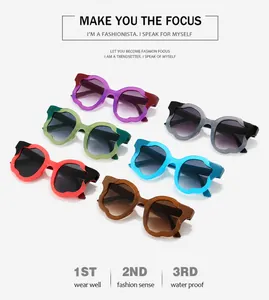 Flat lay of flower petal frame sunglasses in six different vibrant fashion colors