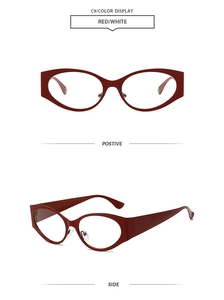 Detail view of vintage oval sunglasses with a thick dark red frame from front and side angles
