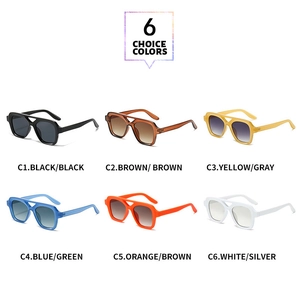Flat lay of vintage double-bridge square pilot sunglasses in six assorted frame colors