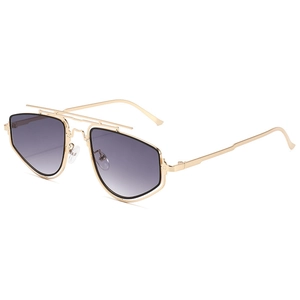 Fashionable double bridge polygon sunglasses with gold metal frame and gradient purple lenses