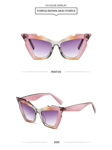 Detailed view showing positive and side angles of geometric cat eye sunglasses in purple