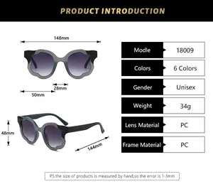 Detailed size chart for petal-frame sunglasses with dimensions and PC material specs
