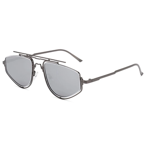 Fashionable double-bridge geometric metal sunglasses for men with grey mirror lenses
