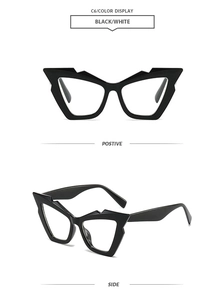 Detailed front and side views of thick black irregular cat-eye glasses frames