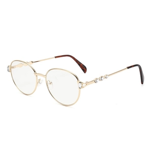 Classic gold metal round frame sunglasses with rhinestone accents and tortoiseshell tips
