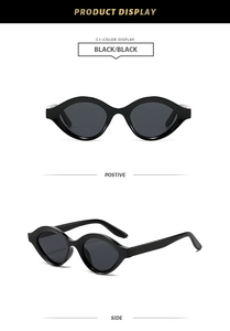 Detail view of vintage oval sunglasses in black with side and front angle perspectives