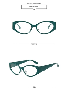 Detailed views of dark green oval sunglasses with thick frames and geometric styling