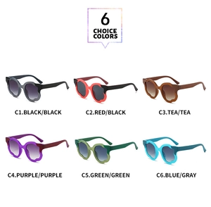 Detailed grid of fashion cat-eye sunglasses in black, red, tea, purple, green, and blue