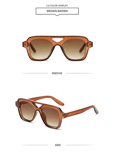 Detail view of square double bridge sunglasses in transparent brown and side temple