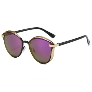 Lunettes de soleil œil-de-chat rétro avec verres violets et monture en métal doré