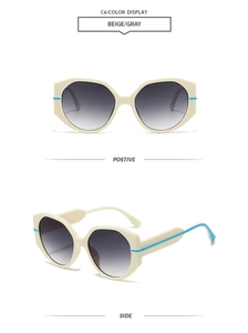 Detailed front and side views of beige oversized geometric sunglasses with gray gradient lenses