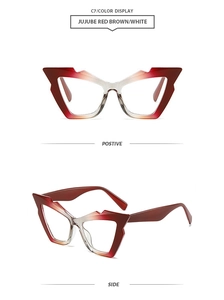 Detail of cat eye geometric frame in jujube red brown and white gradient finish