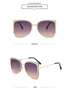Detail der randlosen Strass-Sonnenbrille mit Goldrahmen und grau-rosa Verlaufsgläsern