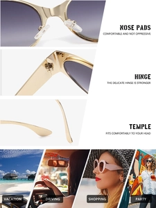 Detailed close-up of golden metal frame sunglasses with gradient purple lenses and nose pads