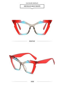 Detailed views of tricolor gradient cat-eye sunglasses with geometric resin frames