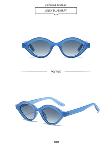 Detail of jelly blue oval sunglasses with gray gradient lenses from front and side view