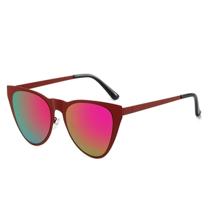 Chic cat eye sunglasses with dark red metal frame and gradient pink-to-green mirror lenses