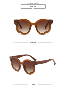 Macro view of C3 tea-colored petal-shaped sunglasses from front and side perspectives