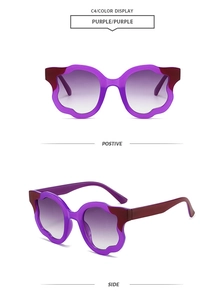 Detail of purple wavy flower frame sunglasses with gradient lenses in side and front view