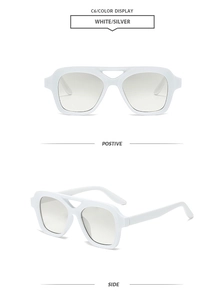Detail of white double-bridge square pilot sunglasses with grey gradient lenses