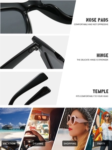 Detail view of reinforced hinges and integrated nose pads on black square sunglasses