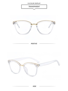 Vorder- und Seitenansicht der transparenten Cat-Eye-Brille mit goldenen Metalldetails