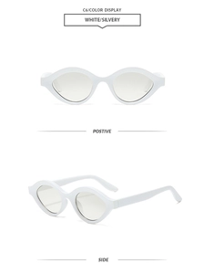 Front and side view of trendy white oval sunglasses with silver lenses and sleek finish
