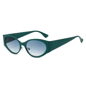 Retro oval sunglasses with dark green frames and blue gradient lenses on white background