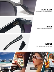 Detail view of reinforced metal hinges, nose pads, and trendy gray gradient sunglasses