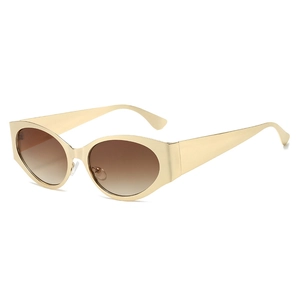 Retro oval sunglasses with gold metal frame and gradient brown lenses on white background