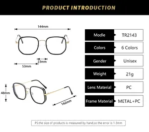 Größentabelle für Retro-Brillen mit 144mm Breite und 142mm Bügellänge im Detail