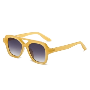 Classic double-bridge square sunglasses in amber yellow with grey gradient lenses