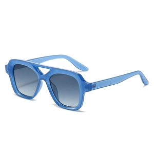 Retro double-bridge square sunglasses in blue frame with grey gradient lenses