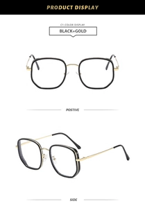 Detaillierte Vorder- und Seitenansicht der großen quadratischen Brille in Schwarz und Gold