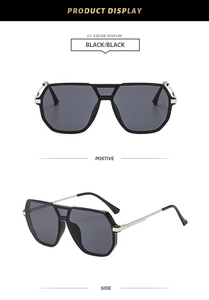 Front and side view of oversized black geometric sunglasses with silver metal accents