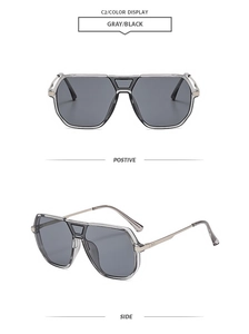 Front and side details of fashion double-bridge sunglasses with gray transparent frames