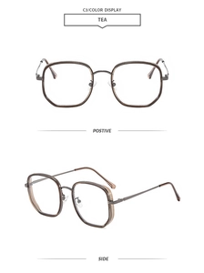 Detailansicht der Vorder- und Seite der quadratischen Brille in lichtdurchlässigem Teebraun