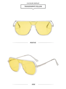 Detail view of retro double bridge sunglasses with yellow lenses and silver metal temples