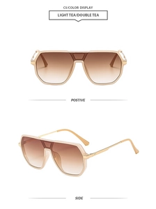 Detail view of double bridge sunglasses with gradient tea lenses and beige frames