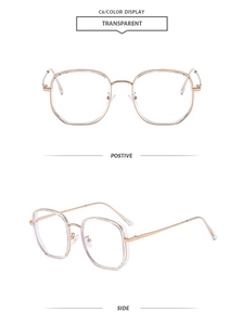 Detailsicht der großen roségoldenen Metallbrille mit transparenten Gläsern aus mehreren Winkeln