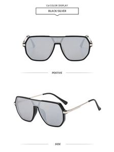 Detail view of pilot style double bridge sunglasses with black frames and silver lenses