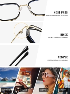 Details der quadratischen Retro-Brille: Nasenpads, Scharniere und ergonomische Bügel