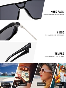 Detail view of ergonomic hinges, nose pads and lifestyle scenes for fashion sunglasses