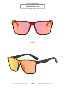 Detail view of matte black sports sunglasses with purple accents and red mirrored lenses