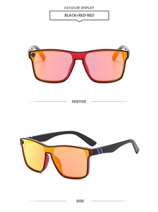 Detail view of sports sunglasses featuring black and red frames with red mirrored lenses