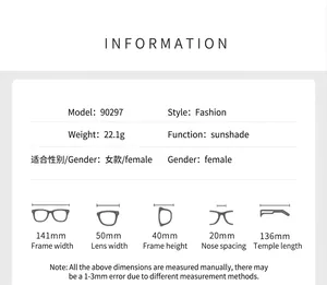 Detailed size chart for rimless square sunglasses with dimensions and specifications