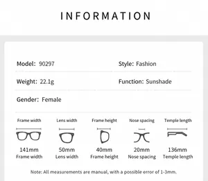 Tableau des tailles détaillé pour lunettes de soleil carrées sans monture et mesures