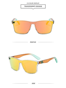 Detailed view of transparent orange punk sunglasses with mirror lenses and gradient temples