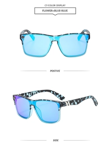 Detail view of stylish leopard frame sunglasses with vibrant blue lenses for sports