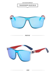 Detail view of sports sunglasses featuring American flag pattern temples and gradient blue lens